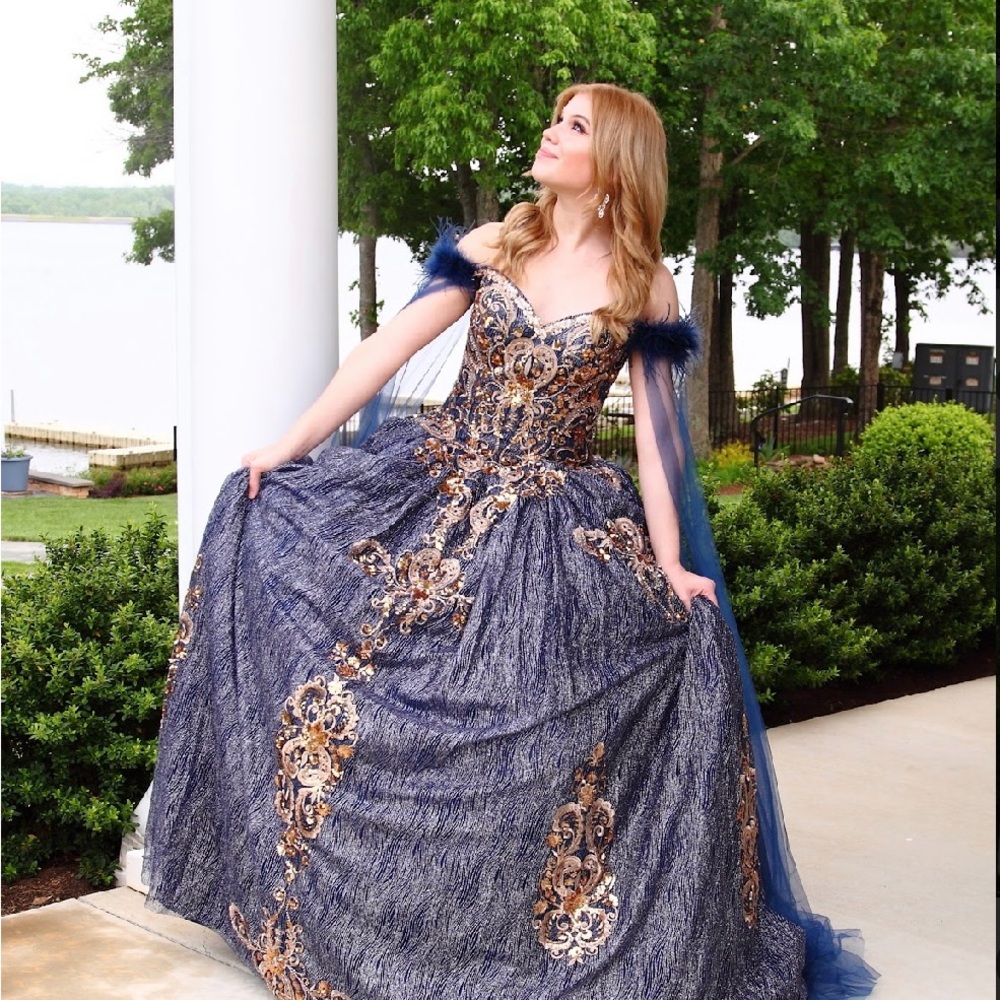 Elegant Blue and Gold Prom/Quinceanera/Sweet Sixteen Dress